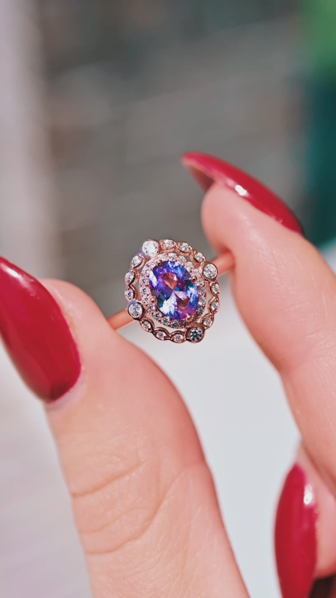 Valentina Art Deco Alexandrite Engagement Ring in 14K Solid Rose Gold