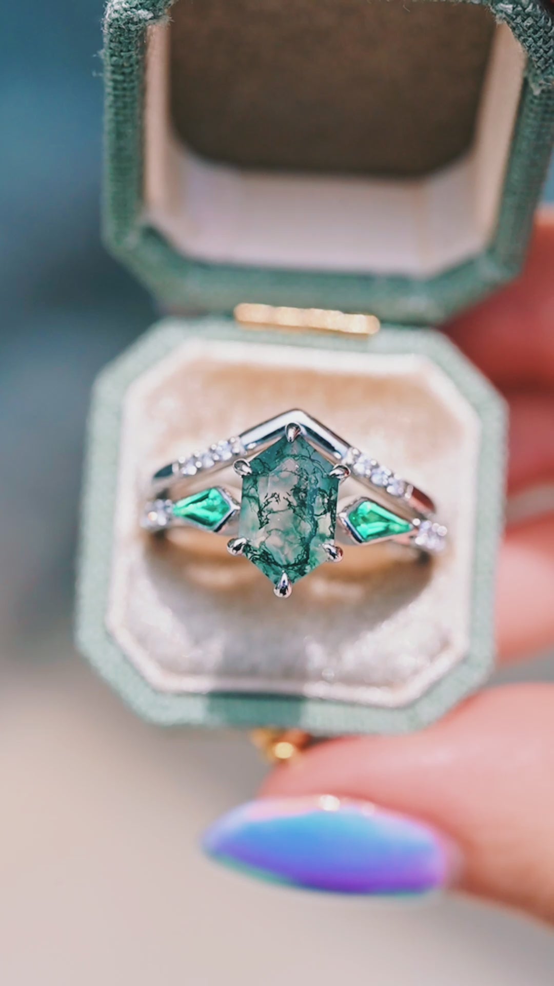Celtic Green Moss Agate & Emerald Ring Set- Sterling Silver