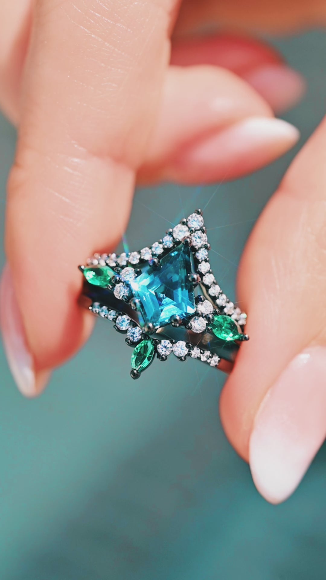 Skye Kite® London Blue Topaz & Emerald Ring Set- Black Ruthenium
