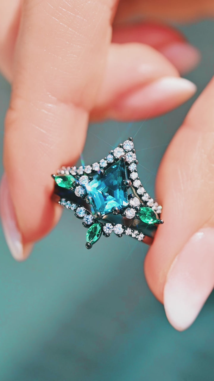 Skye Kite® London Blue Topaz & Emerald Ring Set- Black Ruthenium