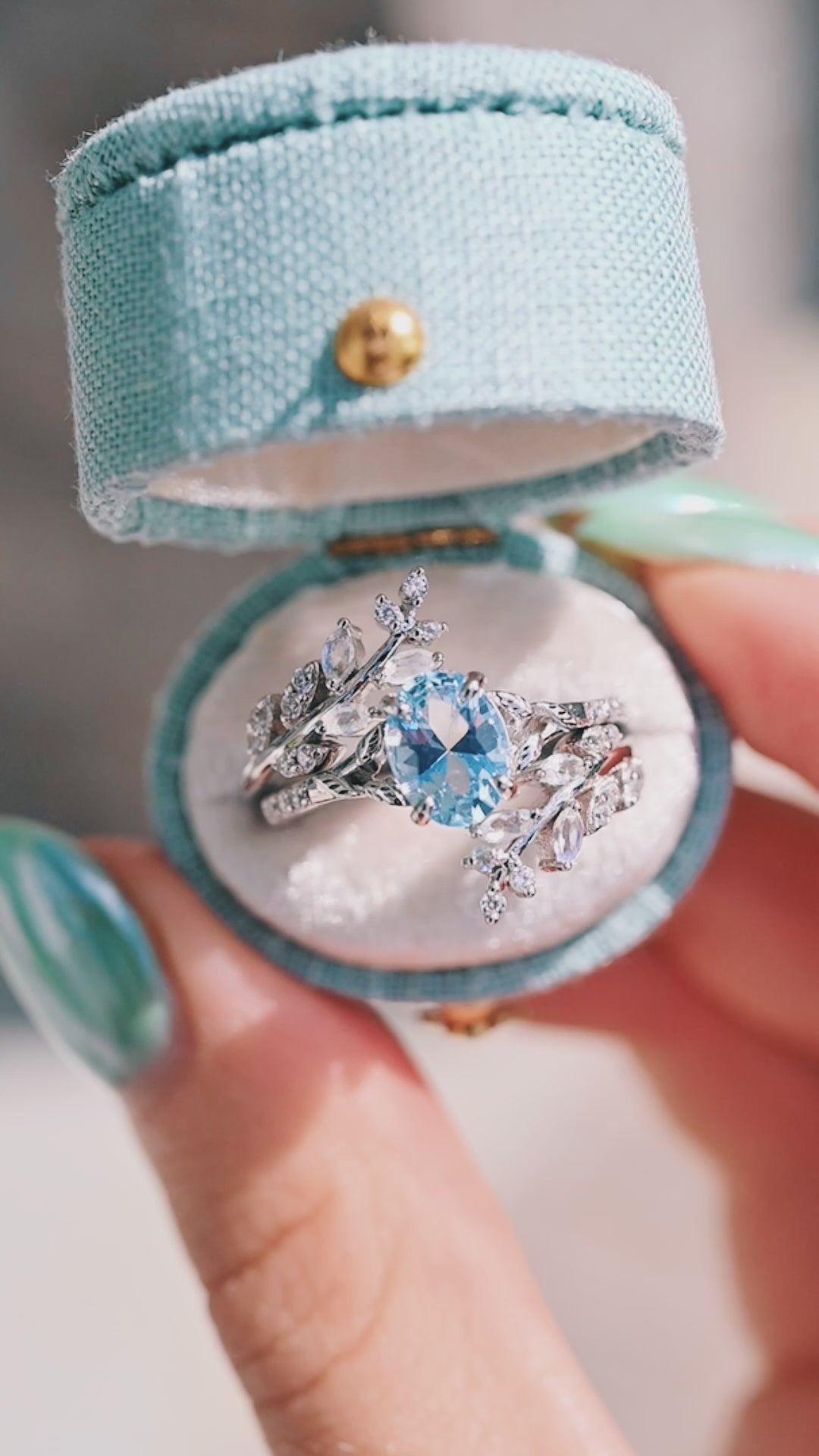 Aquamarine & Moonstone Fairy Leaf Ring Set-  Sterling Silver