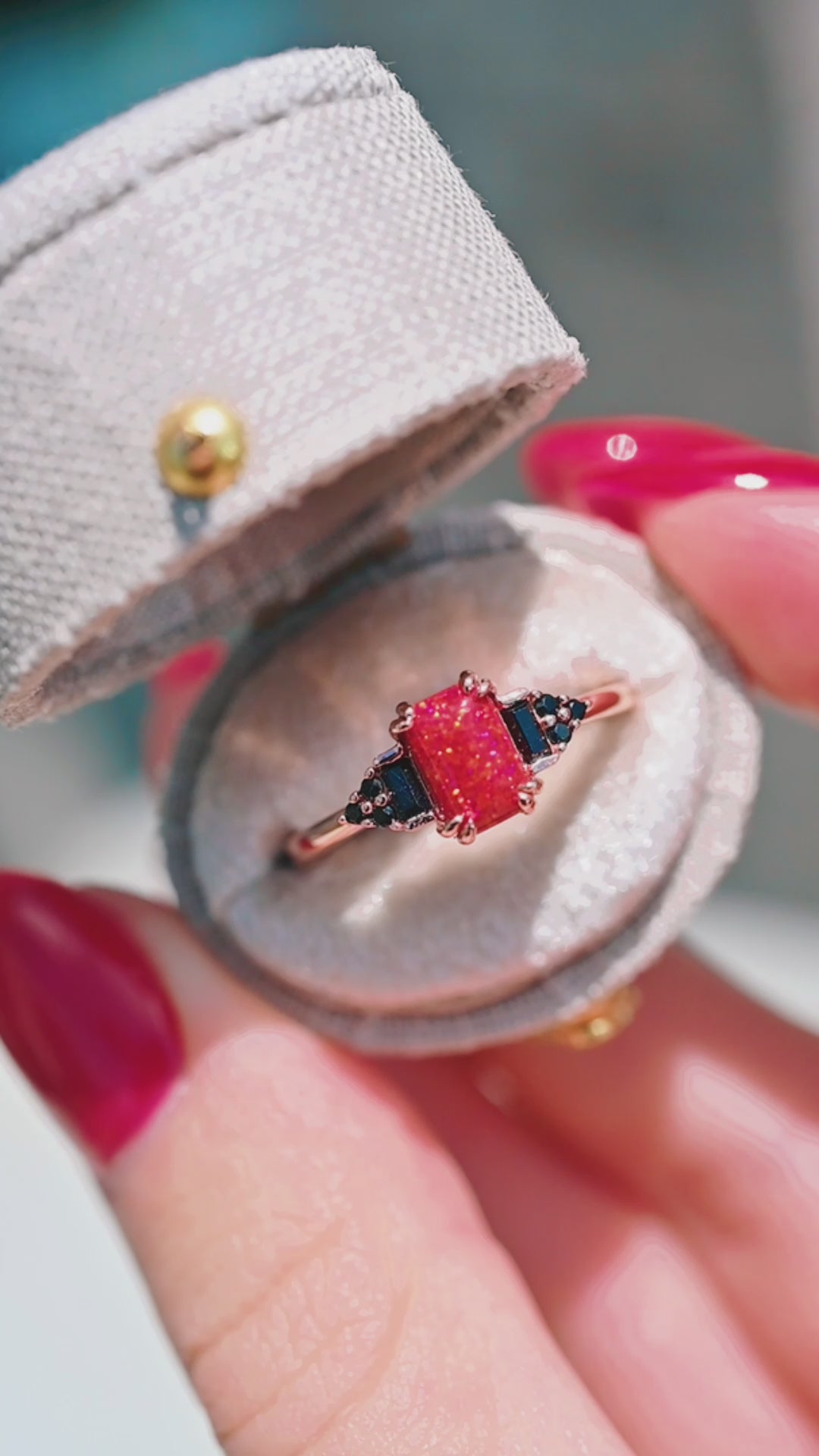 Red Fire Opal & Black Diamond (Onyx) Ring- 14K Rose Gold Vermeil
