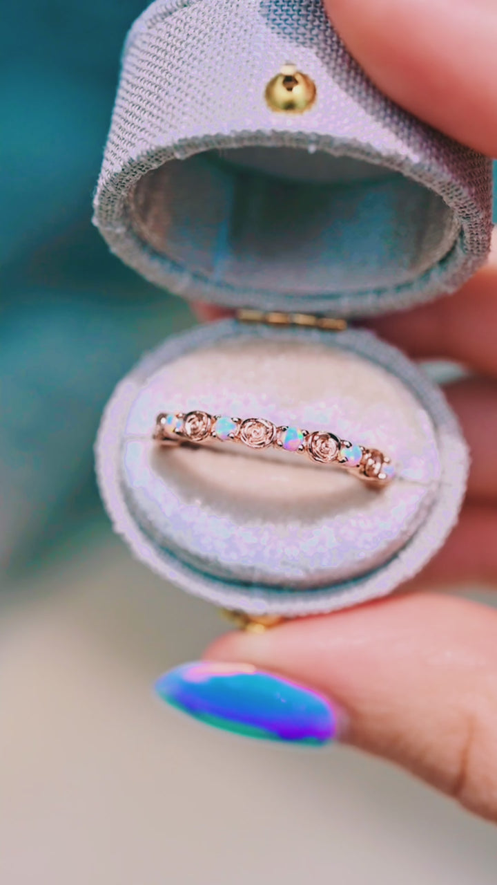 Dainty Rose Australian Opal Wedding Band- 14K Rose Gold Vermeil
