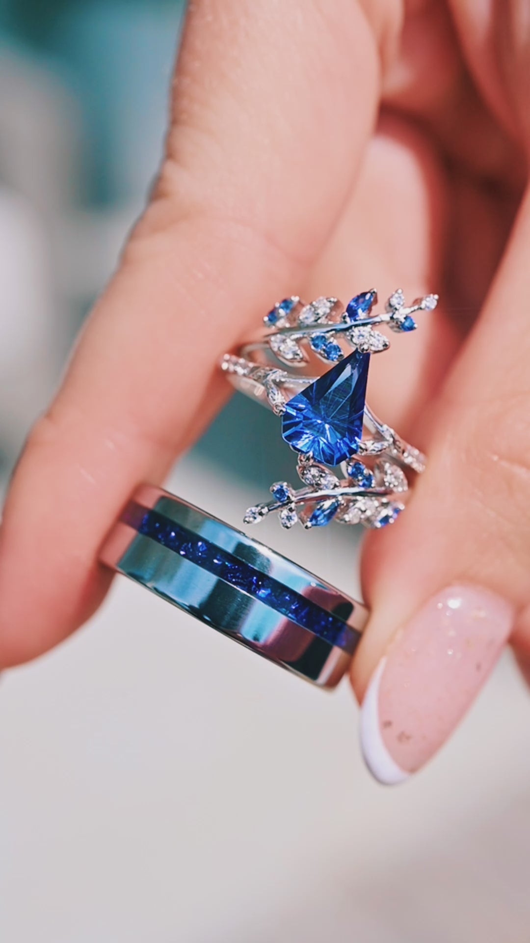 Fantasy Shield Cut Blue Sapphire Leaf Ring Set- 14K White Gold (Two Piece)