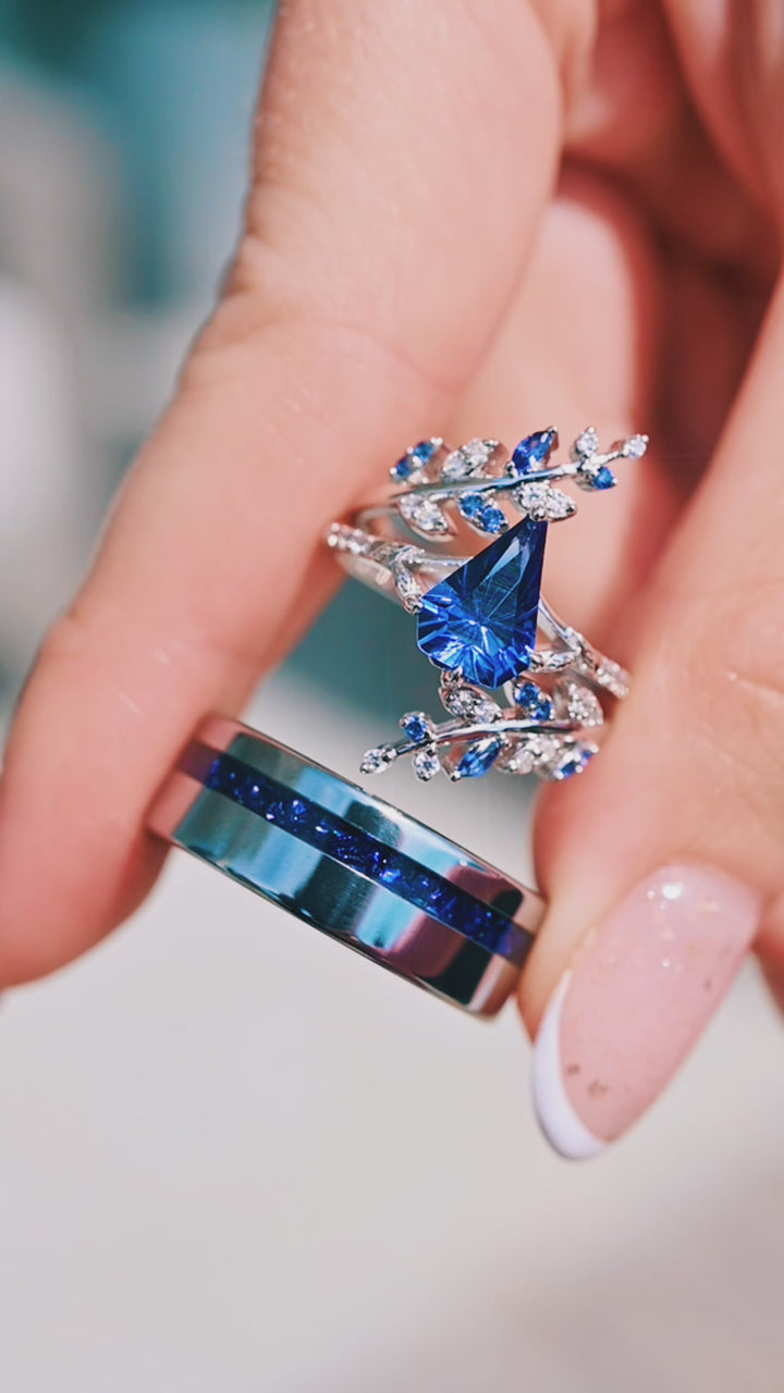 Fantasy Shield Cut Blue Sapphire Leaf Ring Set- 14K White Gold (Two Piece)