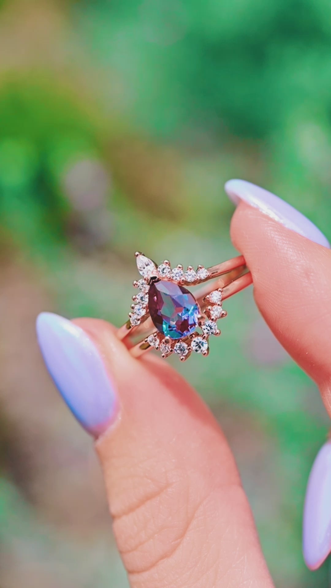 Lunette Teardrop Alexandrite Engagement Ring Set in 14K Solid Rose Gold