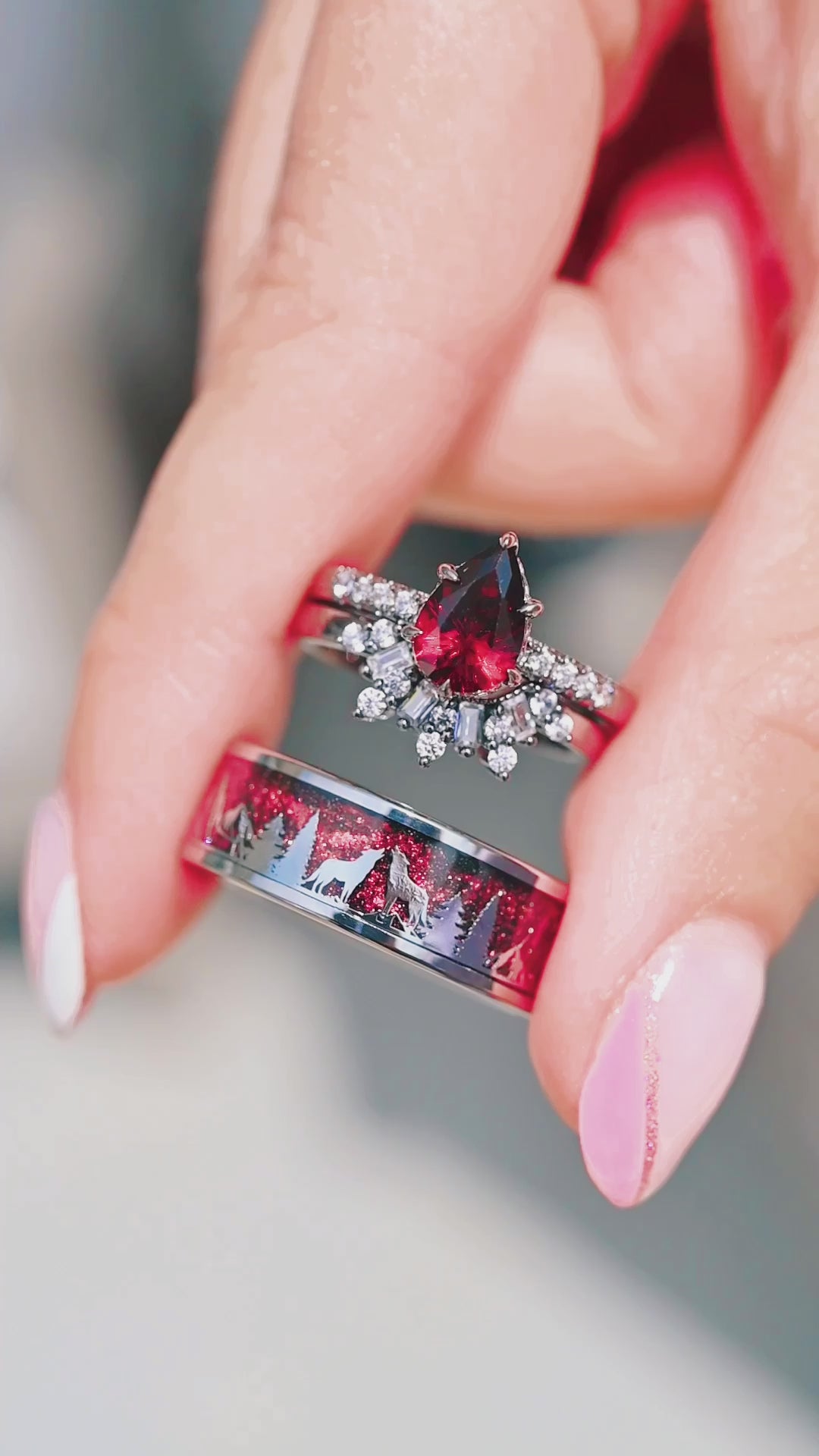 Art Deco Natural Red Garnet Ring Set- Black Ruthenium (Vampire Inspired)