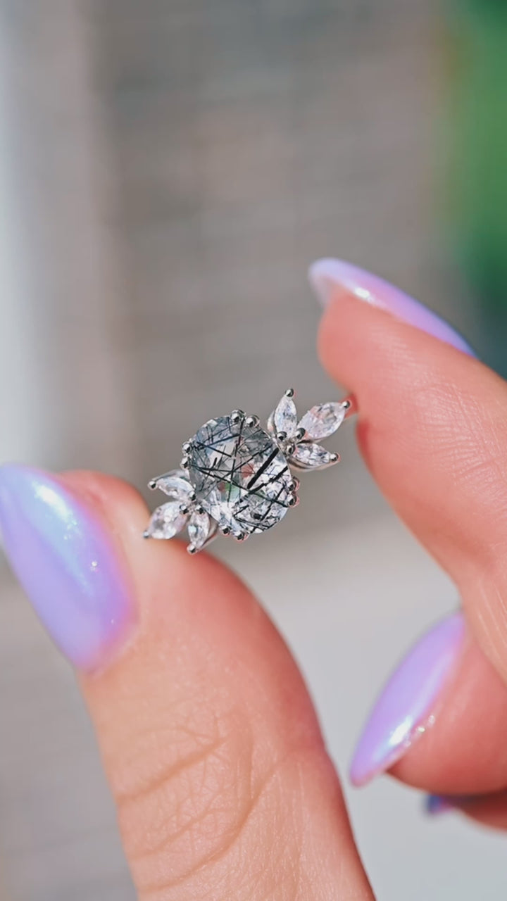 Eva Black Rutilated Quartz Engagement Ring in 14K White Gold
