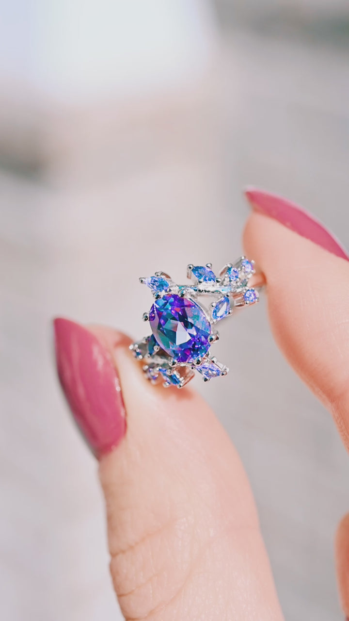 Alexandrite & Cornflower Sapphire Fairy Leaf Ring- 14K White Gold