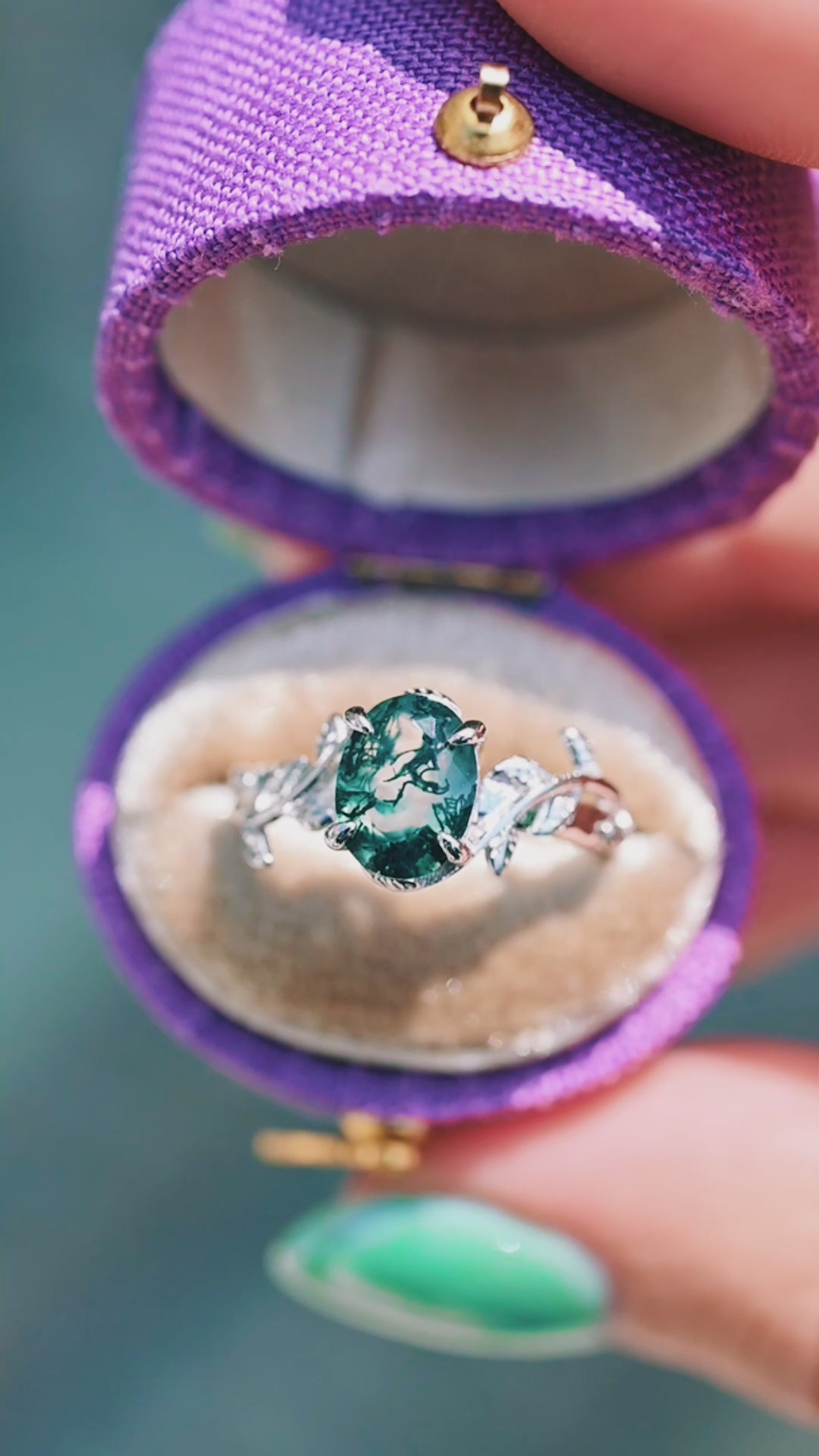 Natural Green Moss Agate Leaf Engagement Ring in Sterling Silver