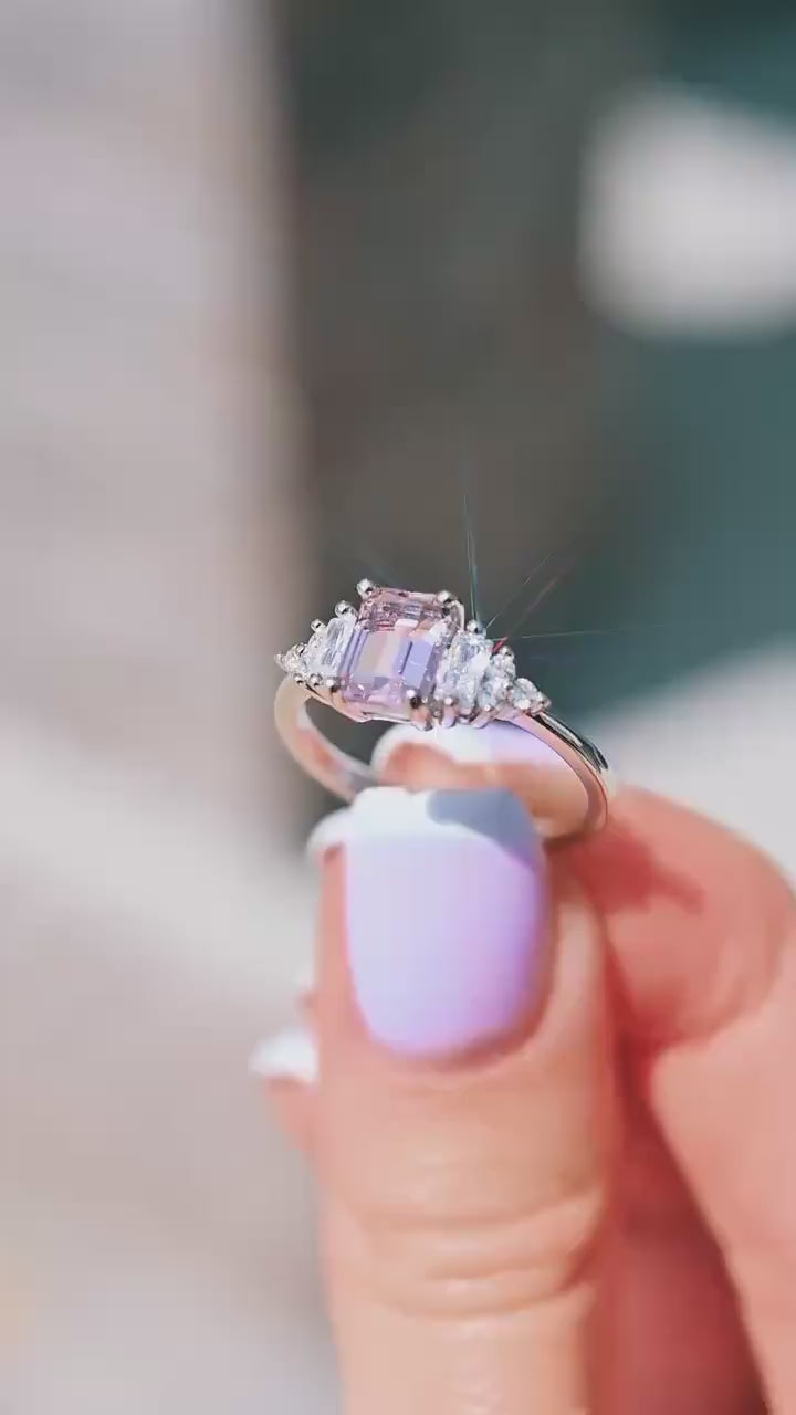 Amelia Emerald Cut Morganite Ring in Sterling Silver