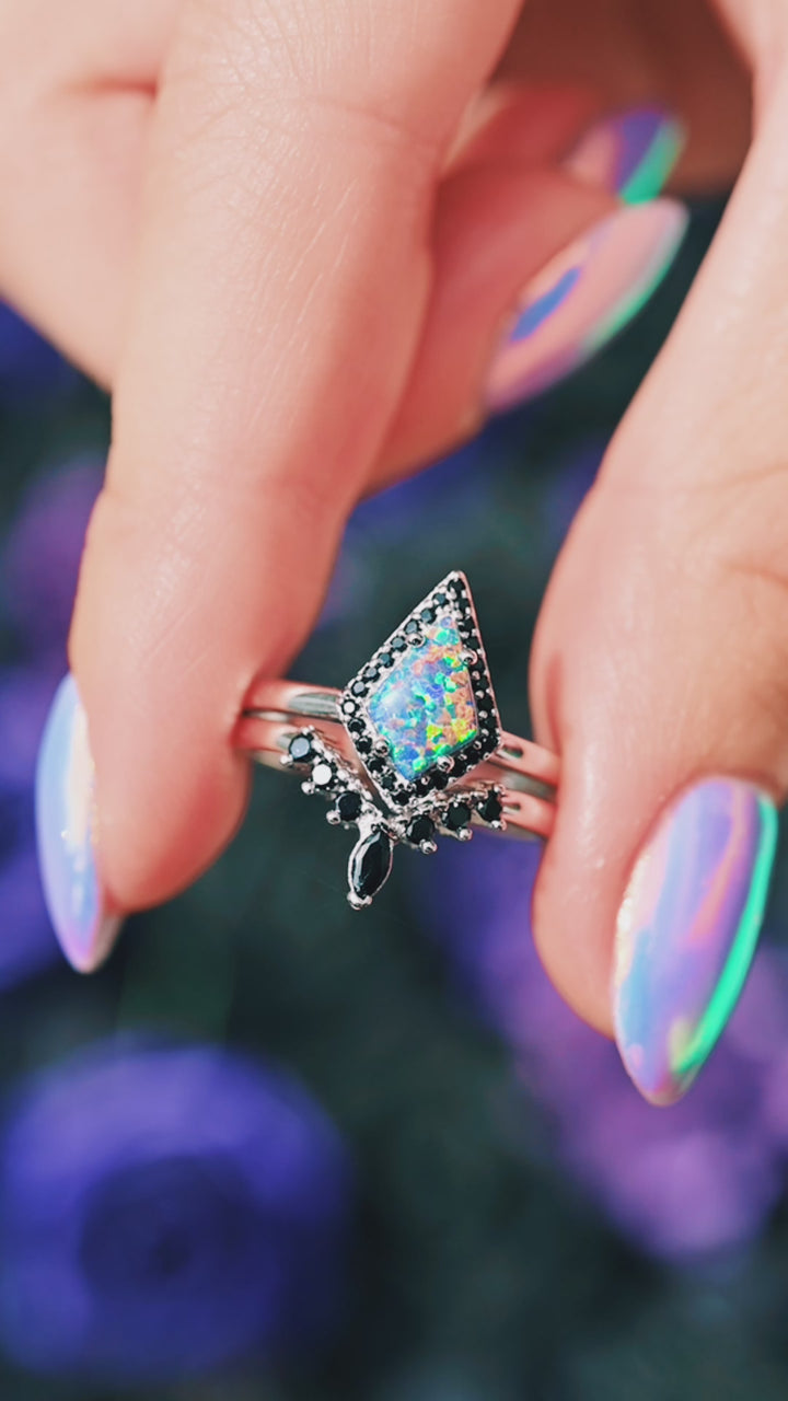 Blue/ Green Fire Opal & Black Onyx Kite Ring Set- 925 Sterling Silver