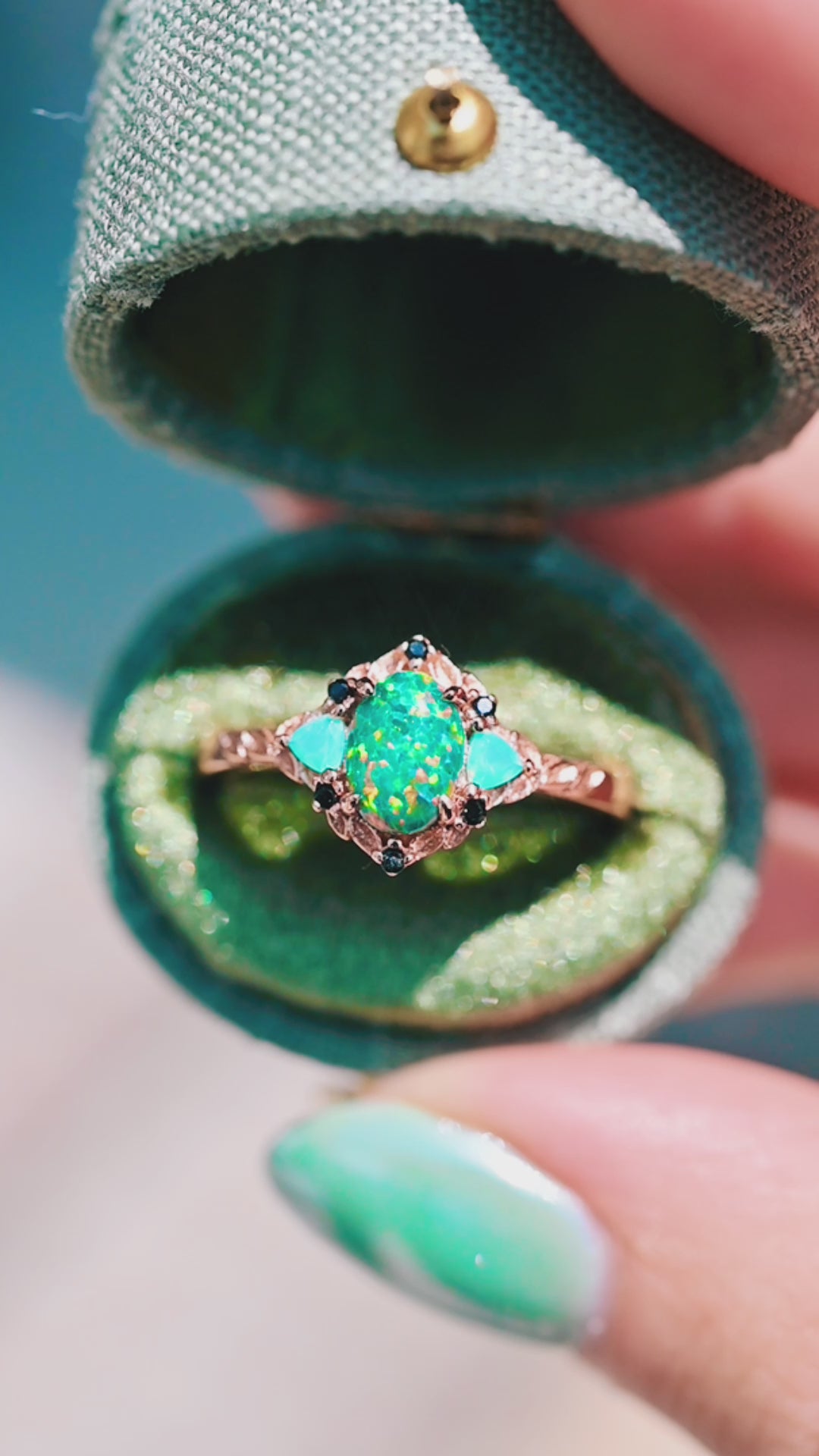 Green Fire Opal & Opalescent Sapphire Leaf Ring- 14K Rose Gold Vermeil