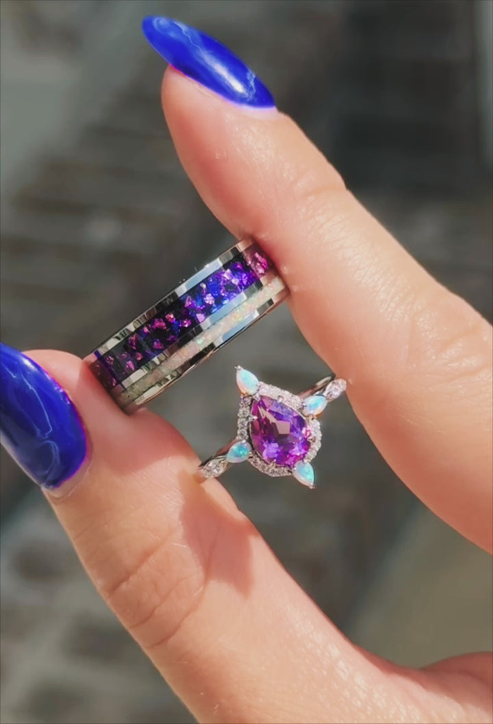 Amethyst & Galaxy Fire Opal Couples Ring