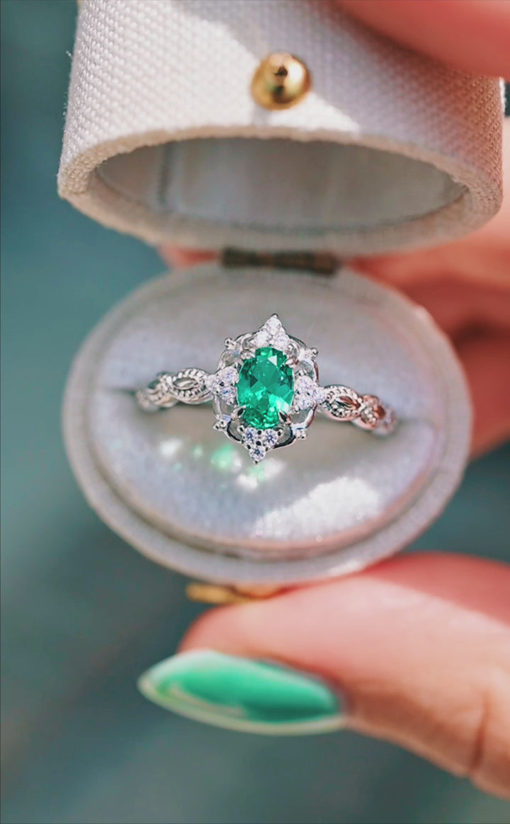 Claire Vintage Emerald Engagement Ring in 14K White Gold