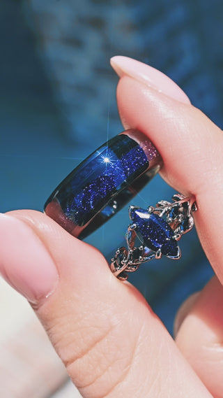Video of the Starry Night™ black onyx couples ring set by Aquamarise, shown in motion