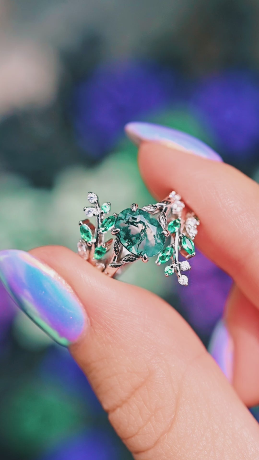 Moss Agate & Emerald Fairy Leaf Couples Ring