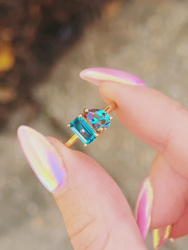 'Toi Et Moi' Alexandrite & London Blue Topaz Ring-14K Yellow Gold Vermeil