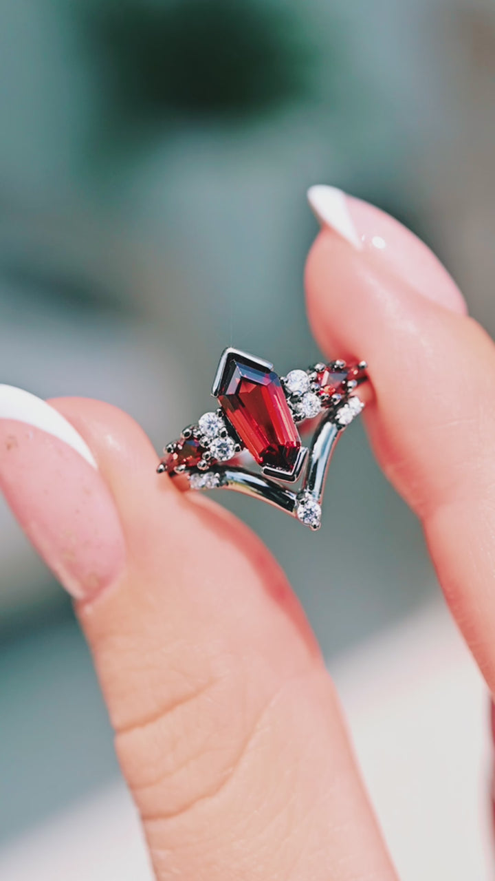 Coffin Kite Natural Red Garnet Ring Set- Black Rhodium Filled