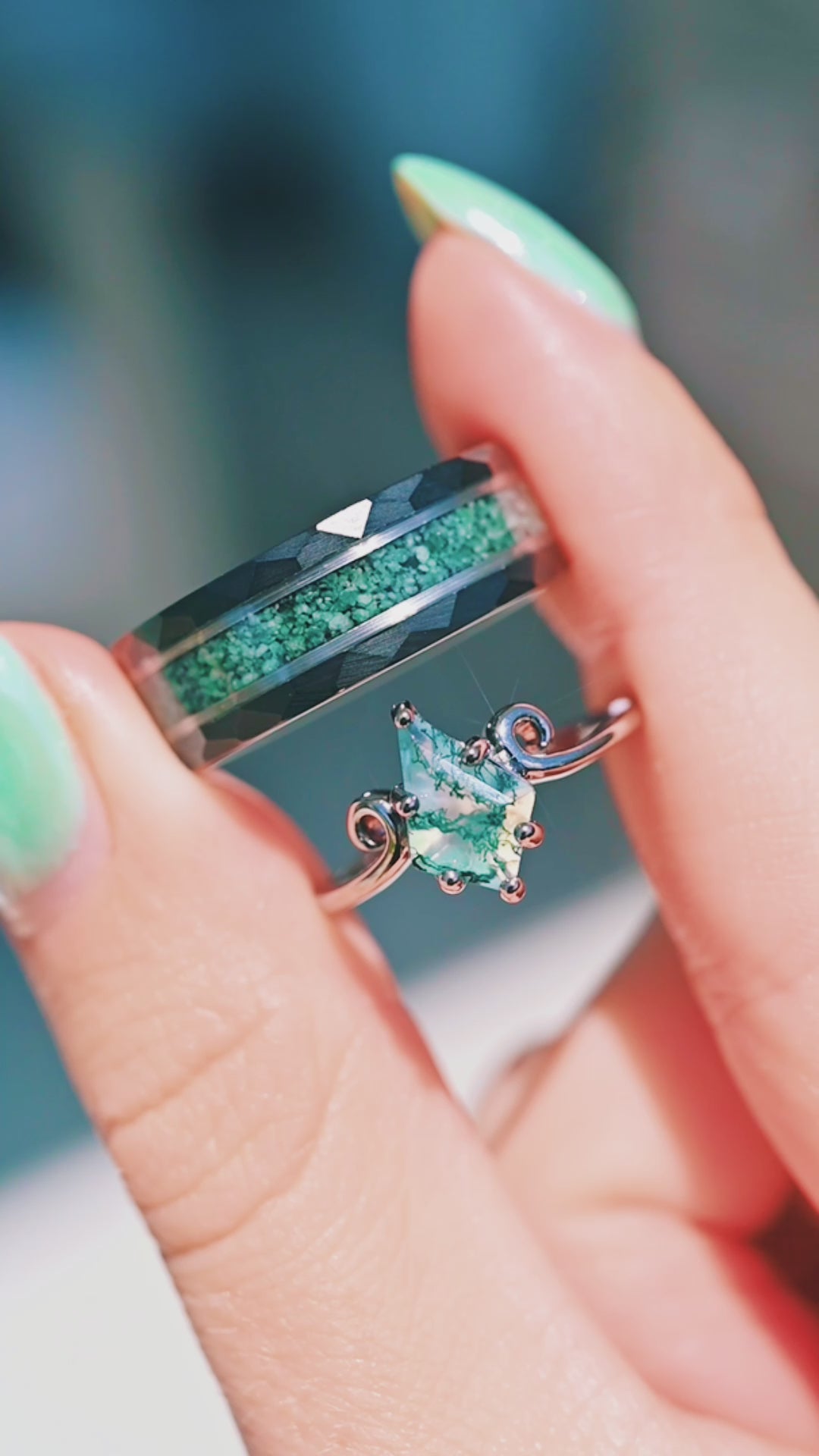 Green Moss Agate Twirl Couples Ring Set