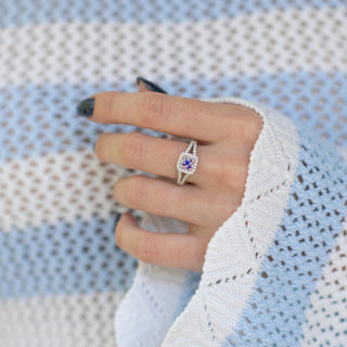 Split Shank Halo Alexandrite Engagement Ring in Sterling Silver by Aquamarise, featuring a princess-cut alexandrite surrounded by a halo of stones on a split shank band.