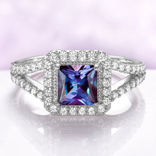 Split Shank Halo Alexandrite Engagement Ring in Sterling Silver by Aquamarise, featuring a princess-cut alexandrite surrounded by a halo of sparkling stones on a split shank band.
