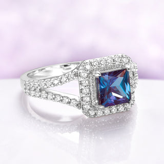 Split Shank Halo Alexandrite Engagement Ring in Sterling Silver by Aquamarise, featuring a princess-cut multicolor alexandrite with diamond halo on a split shank band.