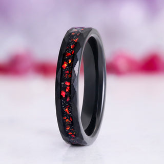 Galaxy Red Fire Opal Hammered Wedding Band in Black Tungsten Carbide (4mm)