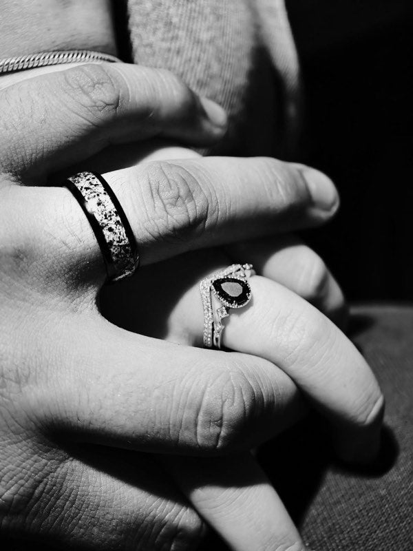Customer photo of the Rutilated Quartz Couples Ring Set worn by two hands, Aquamarise review