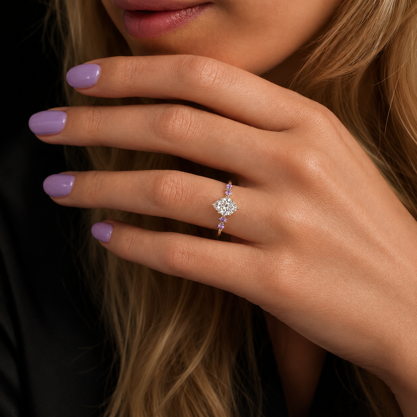 Aquamarise ring size guide showing a solitaire engagement ring with lavender accent stones worn on a hand