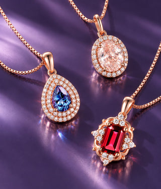 Three rose gold pendant necklaces on purple satin: pear blue halo pendant, oval pink halo pendant and emerald-cut red pendant with white accents, Aquamarise banner