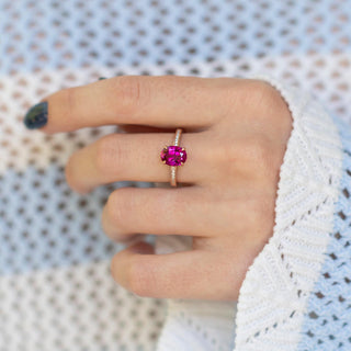 Ava Pink Tourmaline Engagement Ring in 14K Rose Gold Vermeil by Aquamarise, showcasing a vibrant pink tourmaline with diamond accents on a rose gold vermeil band.