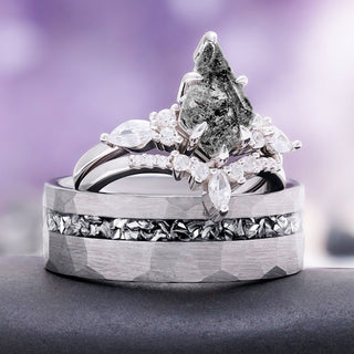 Skye Kite Herkimer diamond and meteorite couples ring set stacked, the kite salt and pepper diamond ring resting on the men's meteorite inlay band