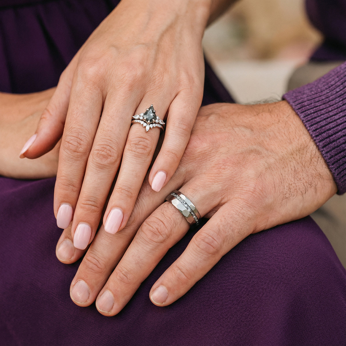 skye kite sant and pepper diamond and meteorite couples ring set