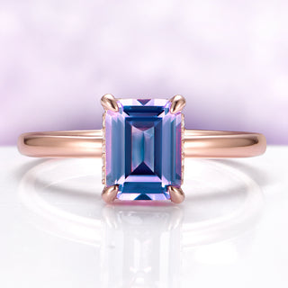 Solitaire Alexandrite Hidden Halo Engagement Ring in 14K Rose Gold Vermeil by Aquamarise, featuring a rectangular emerald-cut alexandrite set on a delicate rose gold band.