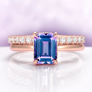 Solitaire Alexandrite Hidden Halo Engagement Ring in 14K Rose Gold Vermeil by Aquamarise, featuring an emerald-cut alexandrite center with diamond accents on a rose gold band.
