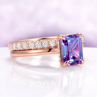 Solitaire Alexandrite Hidden Halo Engagement Ring in 14K Rose Gold Vermeil by Aquamarise, featuring a vibrant emerald-cut alexandrite and diamond-accented rose gold band.
