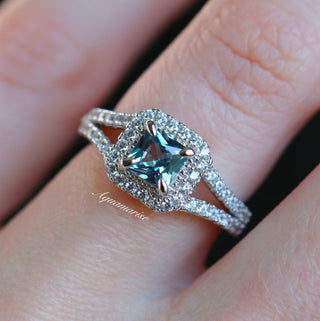 Split Shank Halo Alexandrite Engagement Ring in Sterling Silver by Aquamarise, featuring a princess-cut alexandrite center with diamond halo and split shank band in sterling silver.
