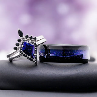 Starry Night and black onyx couples ring set side by side, kite blue sandstone ring with black onyx accents beside the men's black band with a sandstone inlay