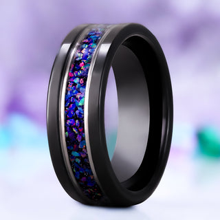 Starry Night and blue fire opal men's wedding band in black tungsten, 8mm, standing view showing the off-set galaxy opal inlay and silver stripe