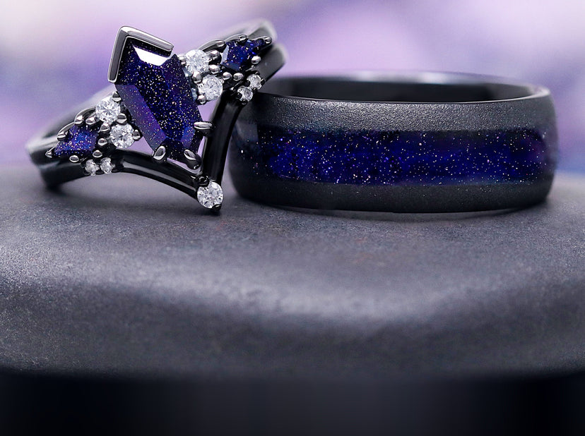 Starry Night Couples Ring Set by Aquamarise, black bands with sparkling galaxy sandstone, cropped for the homepage hero