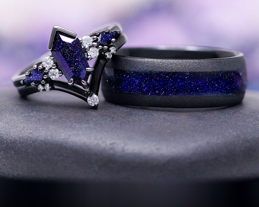 Starry Night Couples Ring Set by Aquamarise, black bands with sparkling galaxy sandstone, cropped for the homepage hero