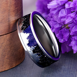 Starry Night and Trees 8mm tungsten men's band with silver pine silhouettes against a sparkling midnight blue inlay