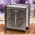 Thornwood Bronze handmade leather book ring box by Aquamarise with embossed sword cover and metallic bronze detailing