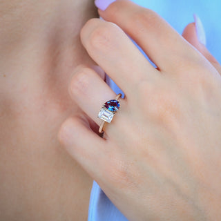 Toi Et Moi Alexandrite and Simulated Diamond Engagement Ring in Sterling Silver worn on the hand