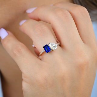 Toi Et Moi Blue Sapphire and Simulated Diamond Ring in Sterling Silver worn on the hand
