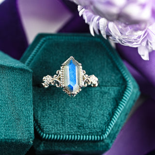 Vesper Hexagon Labradorite Engagement Ring in Sterling Silver in a teal velvet ring box