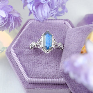 Vesper Hexagon Labradorite Engagement Ring in Sterling Silver in a lilac velvet ring box