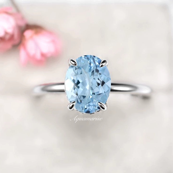 2CT Oval Cut Solitaire Aquamarine Ring- Sterling Silver