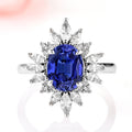 Aurora Royal Blue Sapphire Ring- Sterling Silver featuring a vintage-inspired royal blue sapphire center with sparkling simulated diamond accents on a sterling silver band by Aquamarise.